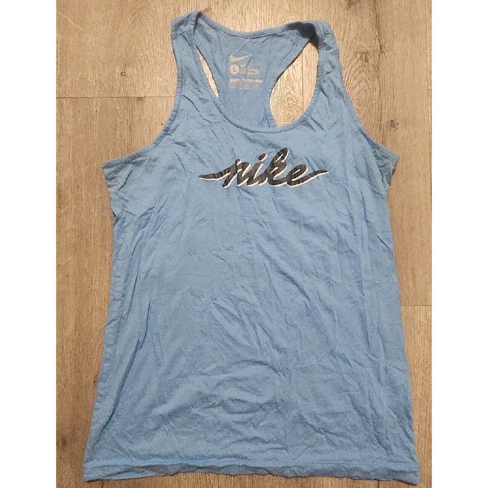 Nike Size Large Blue Cotton Retro Script Logo Racerback Scoop Neck Tank Top